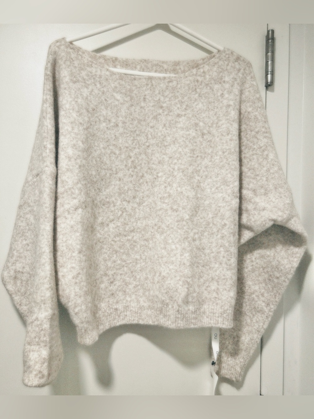 Wool-Blend Soft Knit Boatneck Large Spoon Neck Sweater in Light Beige(US S-M)